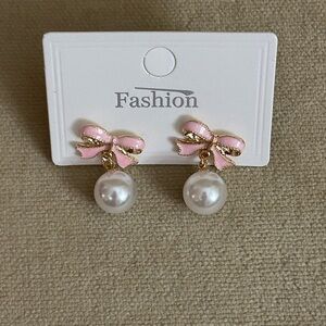 Pink Bow Pearl Drop Earrings